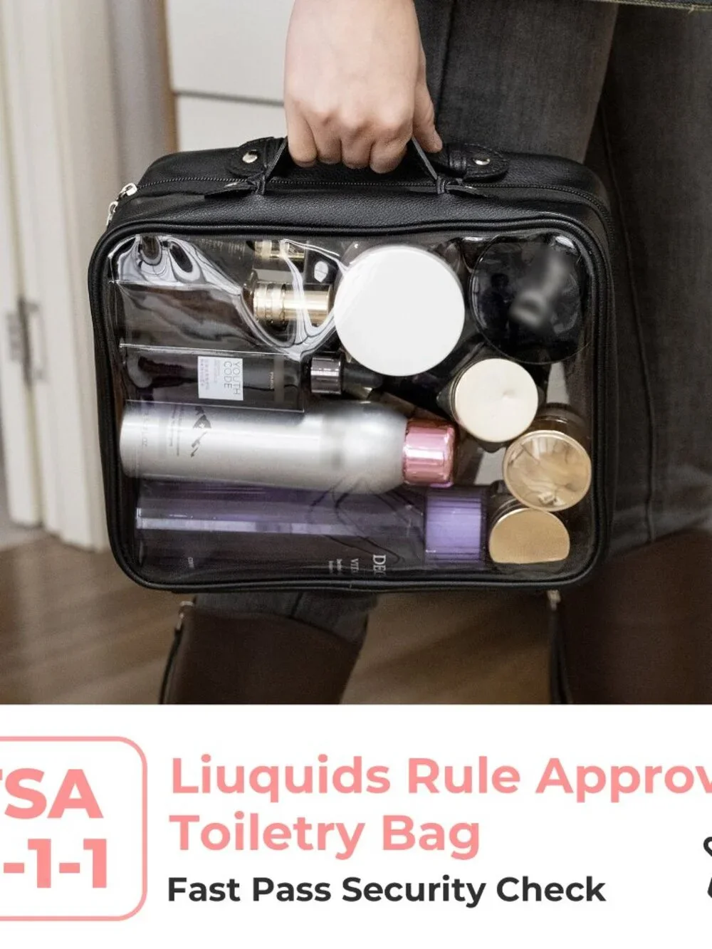 Large TSA approved black clear travel makeup toiletry bag clamshell design LARGE